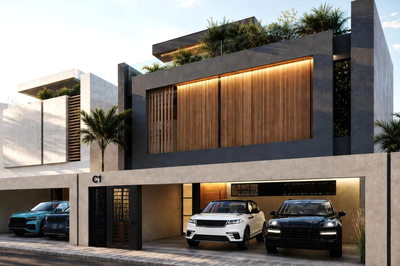 Fachada de la villa C1 con marquesina