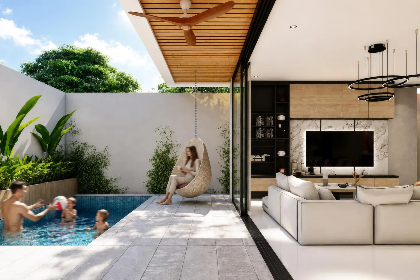 Sala abierta al patio con piscina