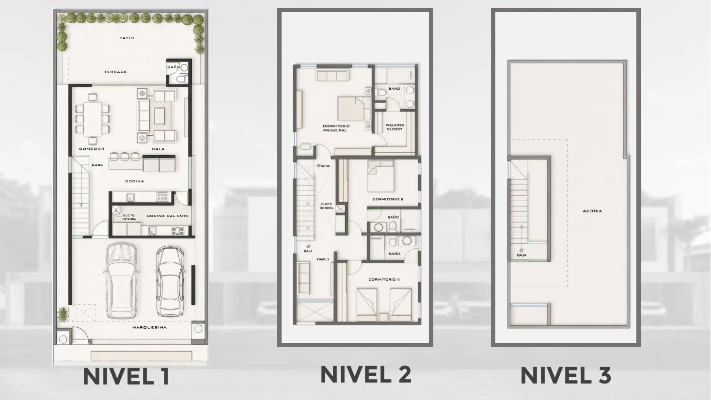 Planos de los niveles 1, 2 y 3